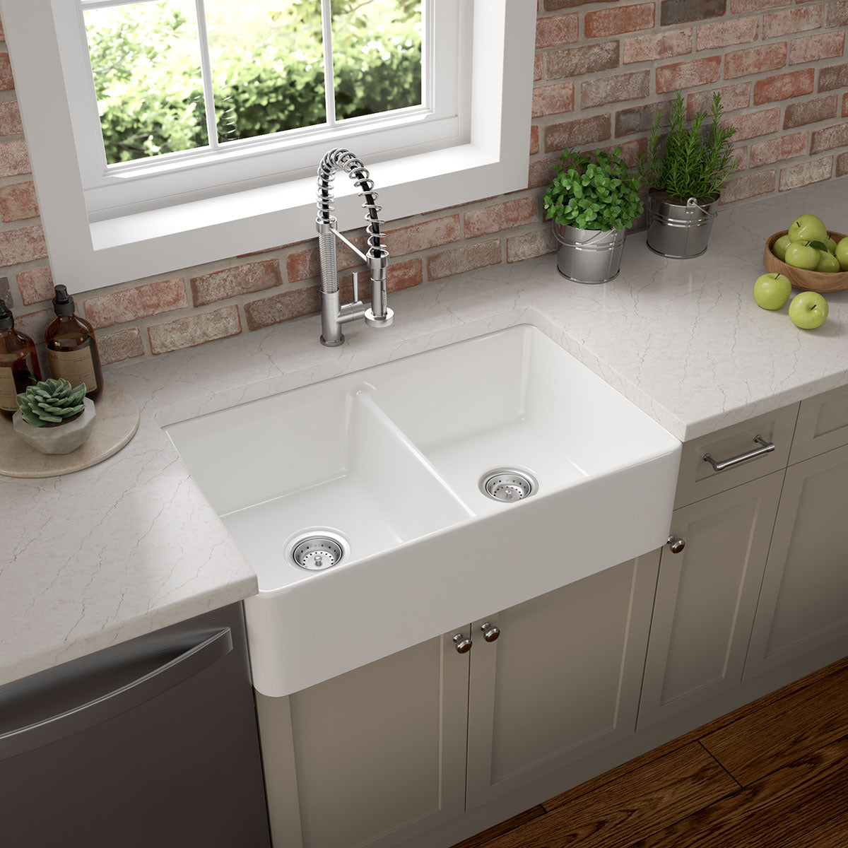 MSI Fireclay Farmhouse Double Bowl Sink 50/50 in White, installed in a room setting