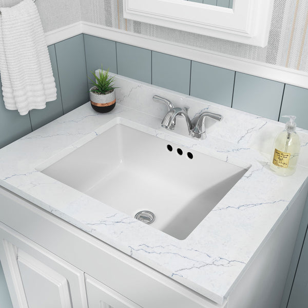 MSI Porcelain Undermount Rectangle Vanity Sink in White, installed in a room setting