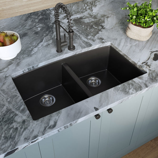 MSI Quartz Composite Undermount Double Bowl Sink 50/50 in Black, installed in a room setting