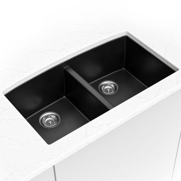MSI Quartz Composite Undermount Double Bowl Sink 50/50 in Black, installed in a room setting