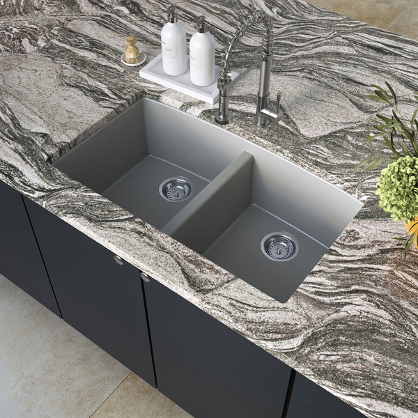 MSI Quartz Composite Undermount Double Bowl Sink 50/50 in Gray, installed in a room setting