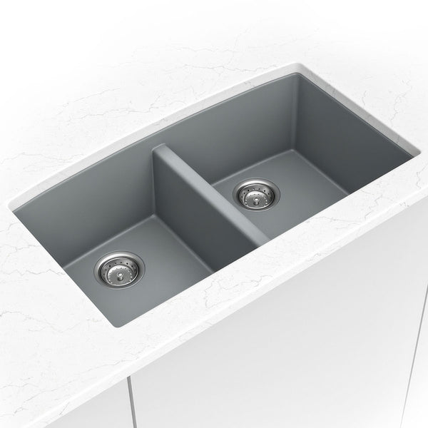 MSI Quartz Composite Undermount Double Bowl Sink 50/50 in Gray, installed in a room setting