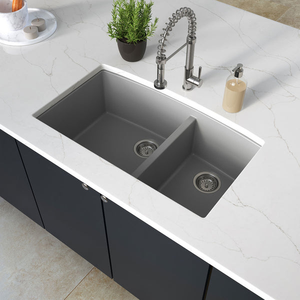 MSI Quartz Composite Undermount Double Bowl Sink 60/40 in Gray, installed in a room setting