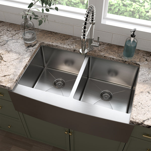 MSI 16-Gauge Stainless Steel Farmhouse Apron Double Bowl Sink 50/50, installed in a room setting