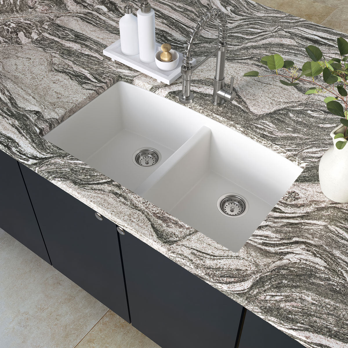 MSI Quartz Composite Undermount Double Bowl Sink 50/50 in White, installed in a room setting