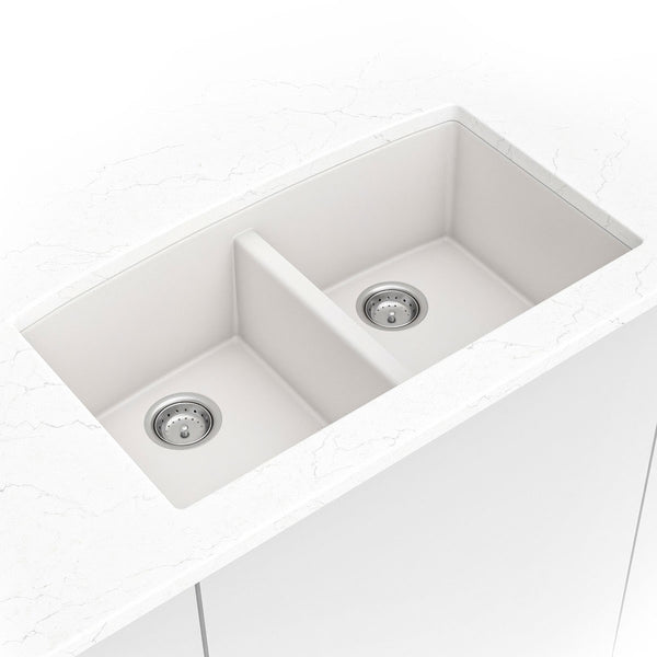 MSI Quartz Composite Undermount Double Bowl Sink 50/50 in White, installed in a room setting