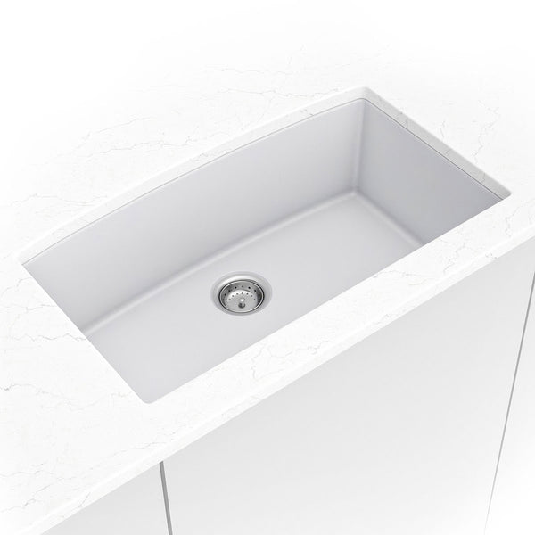MSI Quartz Composite Undermount Single Bowl Sink in White, installed in a room setting