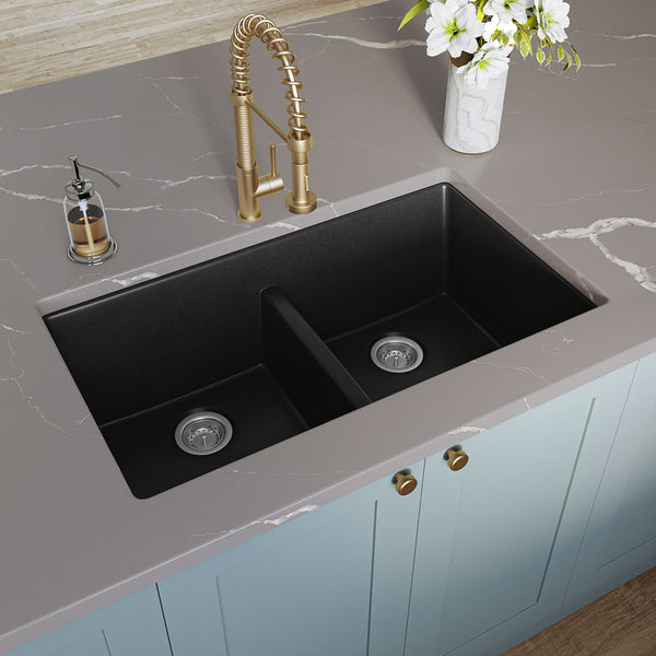 MSI Quartz Composite Undermount Double Bowl Sink 50/50 in Black, installed in a room setting