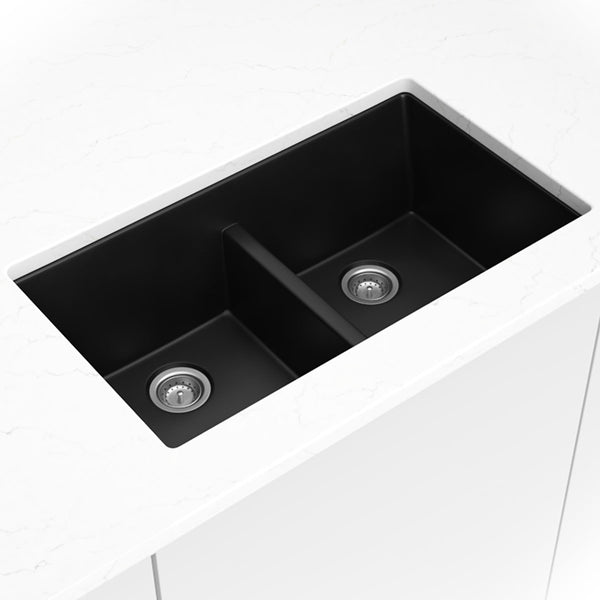 MSI Quartz Composite Undermount Double Bowl Sink 50/50 in Black, installed in a room setting