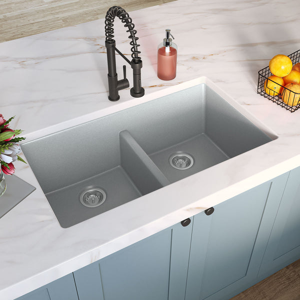 MSI Quartz Composite Undermount Double Bowl Sink 50/50 in Gray, installed in a room setting