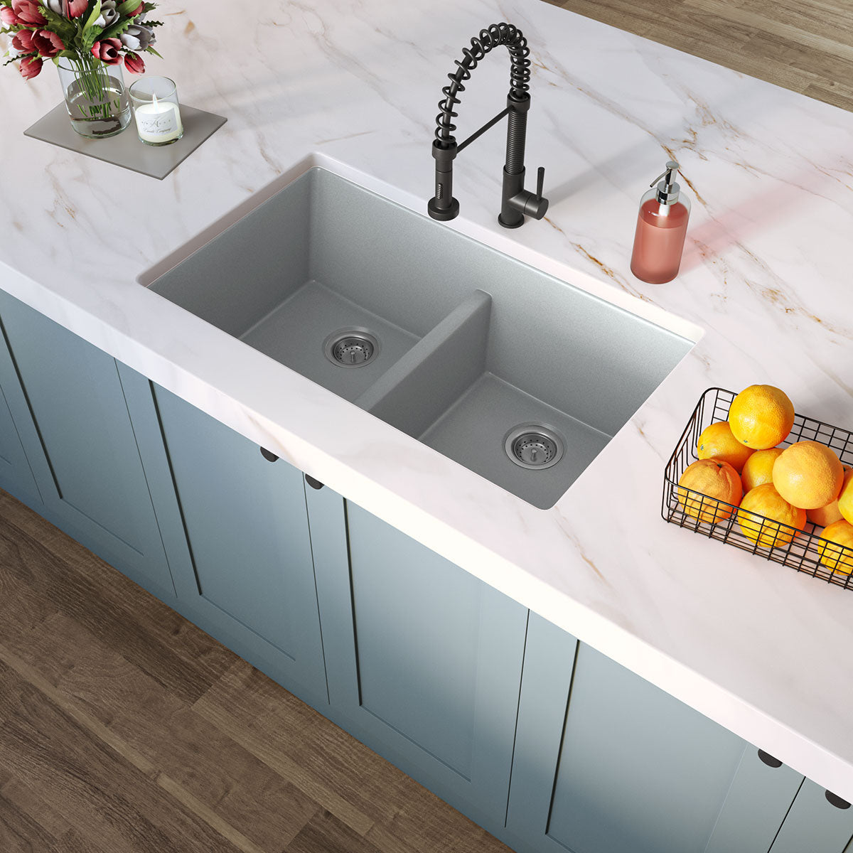 MSI Quartz Composite Undermount Double Bowl Sink 50/50 in Gray, installed in a room setting