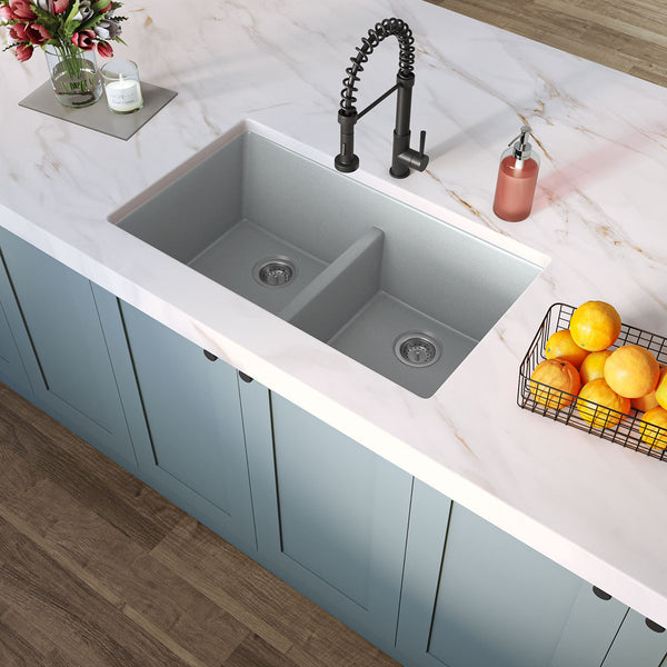 MSI Quartz Composite Undermount Double Bowl Sink 50/50 in Gray, installed in a room setting
