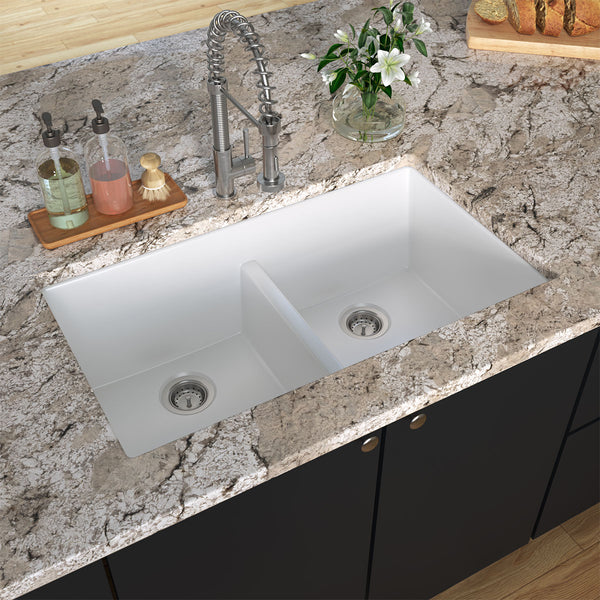 MSI Quartz Composite Undermount Double Bowl Sink 50/50 in White, installed in a room setting