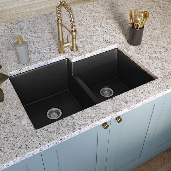 MSI Quartz Composite Undermount Double Bowl Sink 60/40 in Black, installed in a room setting