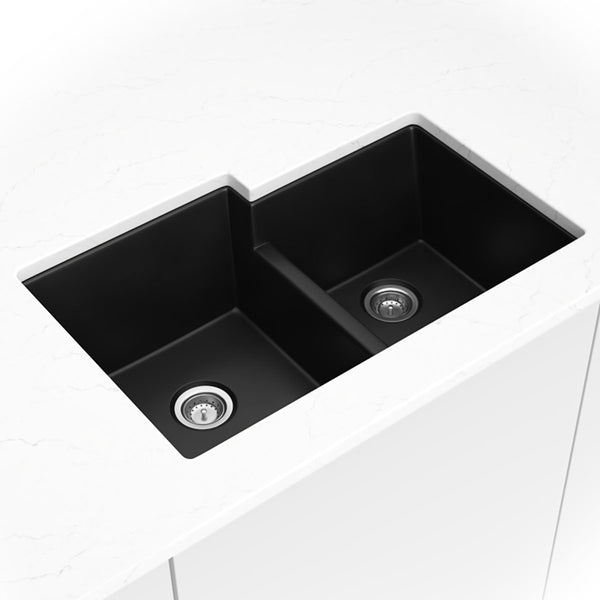 MSI Quartz Composite Undermount Double Bowl Sink 60/40 in Black, installed in a room setting