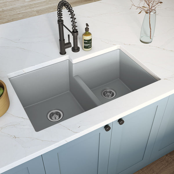 MSI Quartz Composite Undermount Double Bowl Sink 60/40 in Gray, installed in a room setting