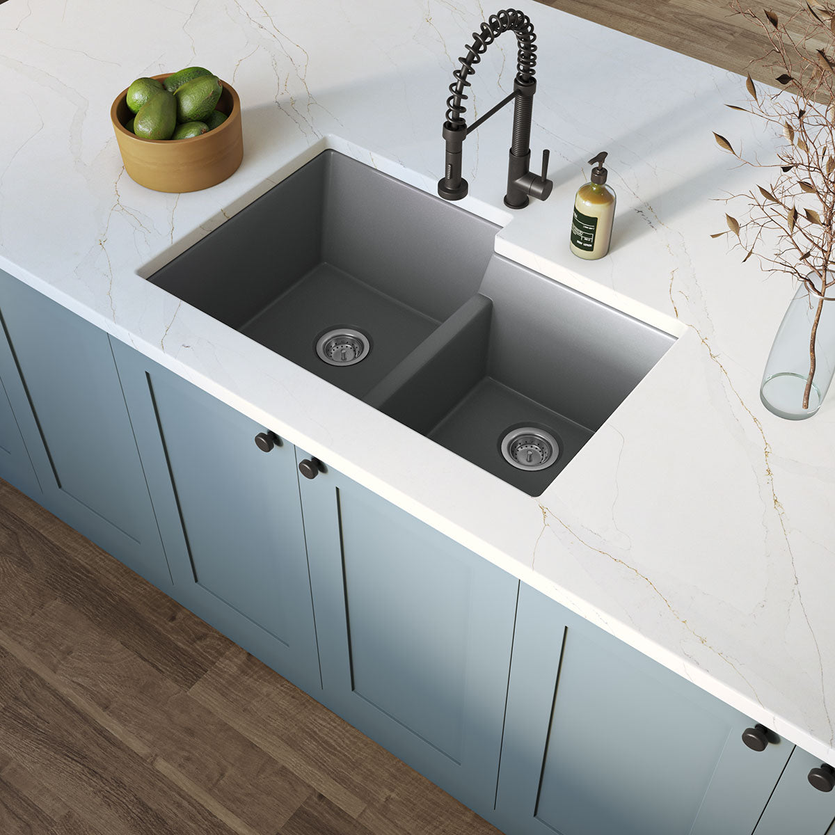 MSI Quartz Composite Undermount Double Bowl Sink 60/40 in Gray, installed in a room setting