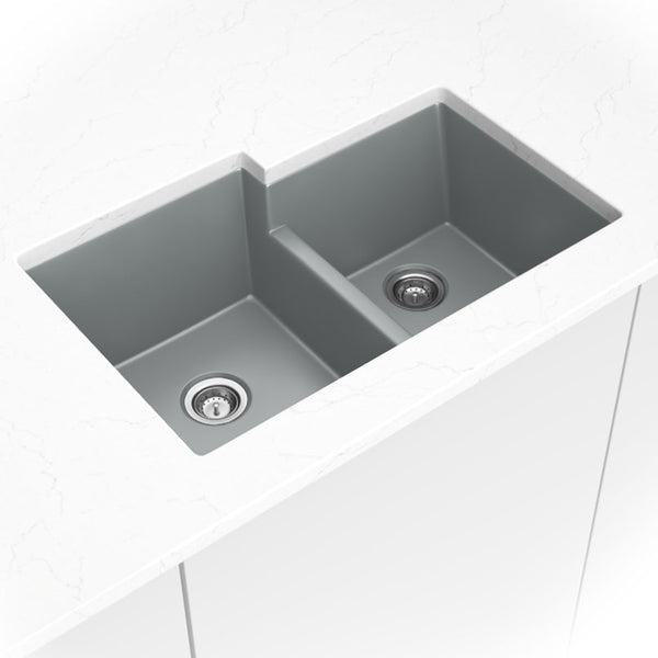 MSI Quartz Composite Undermount Double Bowl Sink 60/40 in Gray, installed in a room setting