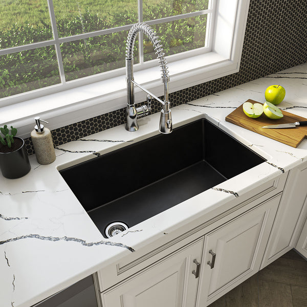 MSI Quartz Composite Undermount Single Bowl Sink in Black, installed in a room setting