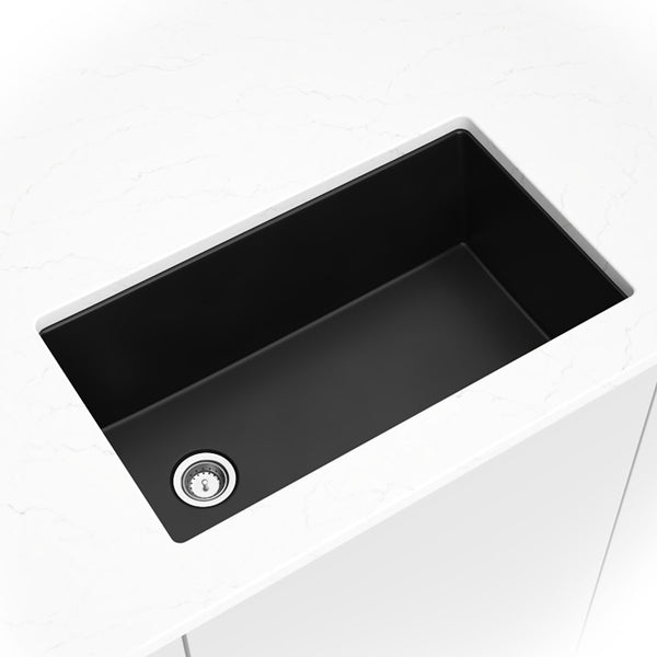 MSI Quartz Composite Undermount Single Bowl Sink in Black, installed in a room setting