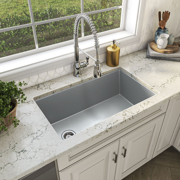 MSI Quartz Composite Undermount Single Bowl Sink in Gray, installed in a room setting