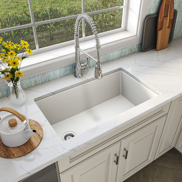 MSI Quartz Composite Undermount Single Bowl Sink in White, installed in a room setting