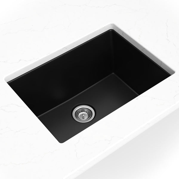 MSI Quartz Composite Undermount Single Bowl Sink in Black, installed in a room setting
