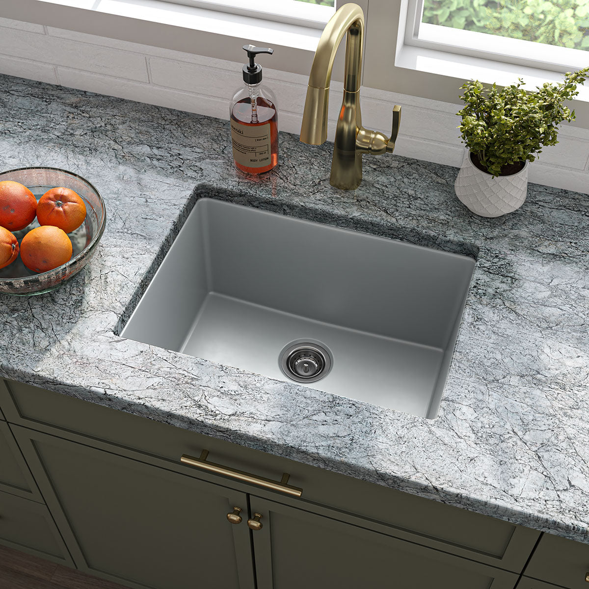 MSI Quartz Composite Undermount Single Bowl Sink in Gray, installed in a room setting
