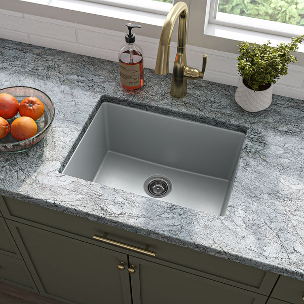 MSI Quartz Composite Undermount Single Bowl Sink in Gray, installed in a room setting