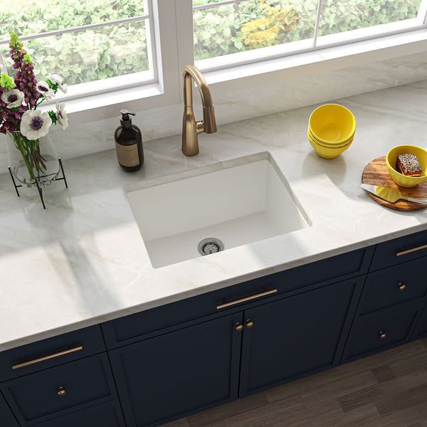 MSI Quartz Composite Undermount Single Bowl Sink in White, installed in a room setting