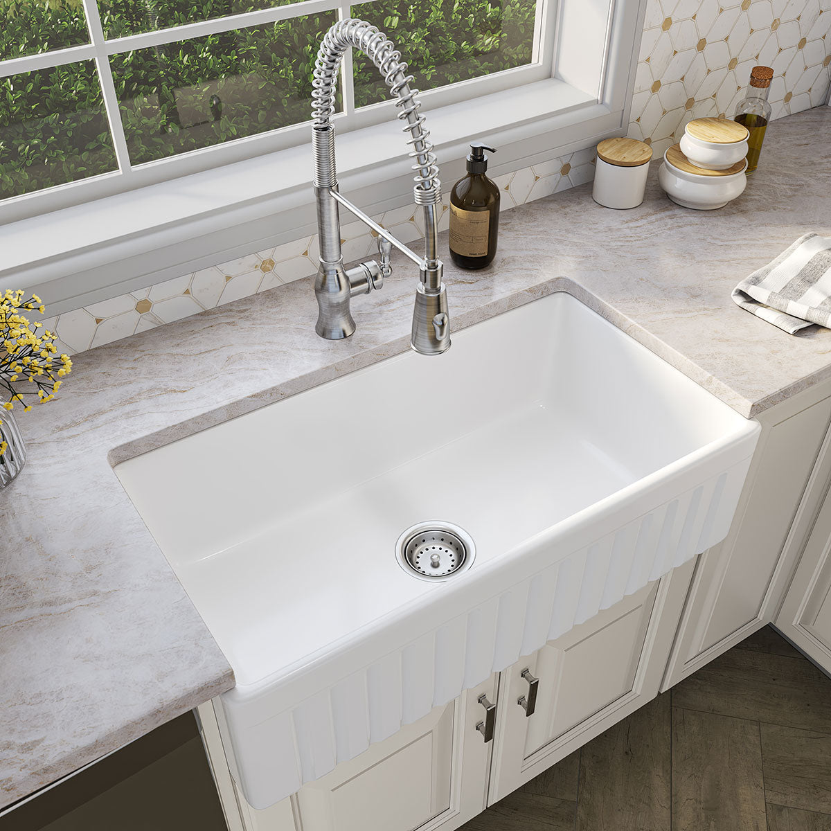 MSI Fireclay Farmhouse Single Bowl Sink in White, installed in a room setting