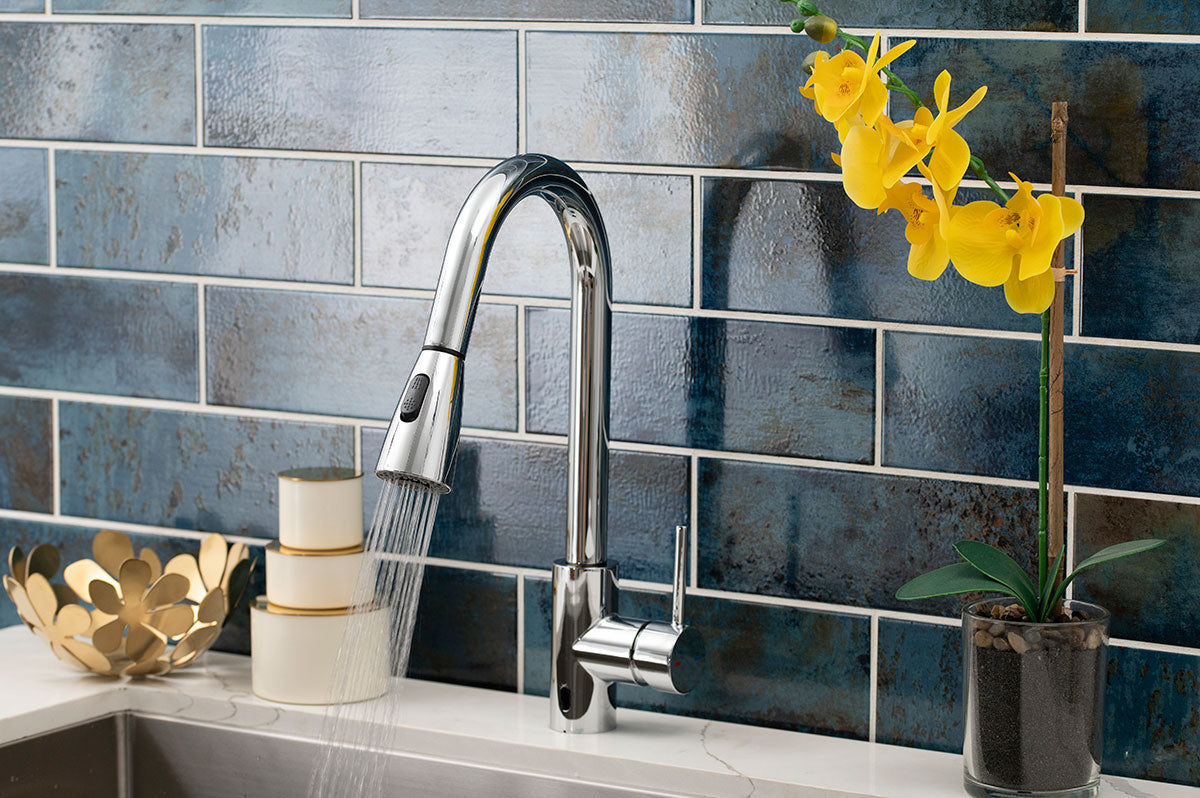 Touchless Infrared Sensor Kitchen Faucet in Chrome installed (image: MSI)