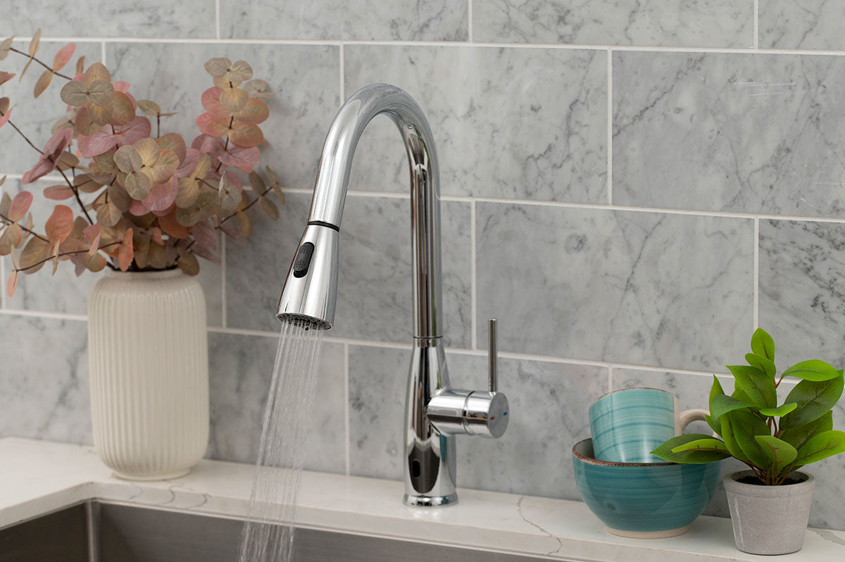 Touchless Infrared Sensor Kitchen Faucet in Chrome installed (image: MSI)