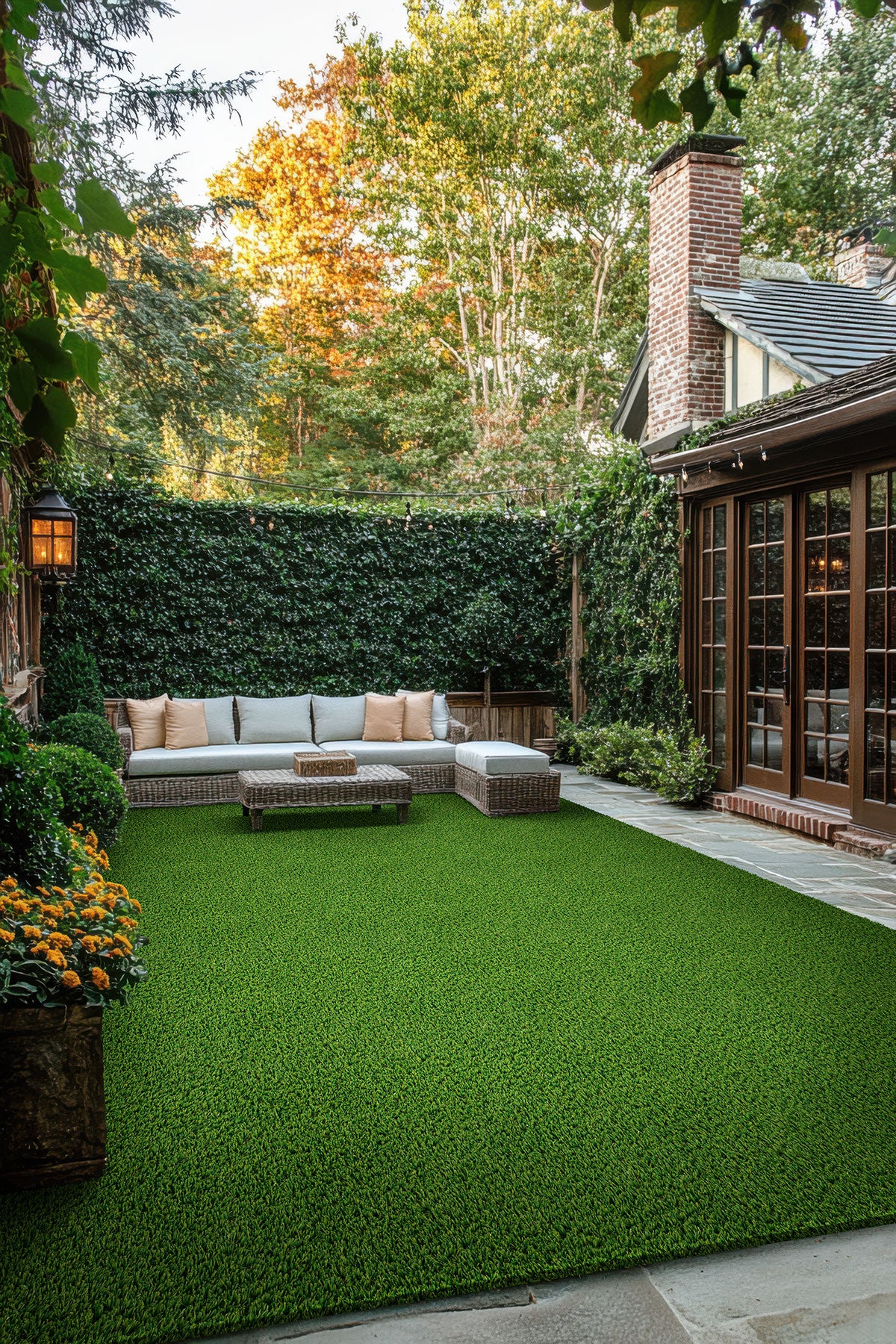 Evergrass Viridian Green Turf 133 oz, installed on a backyard patio (image: MSI) | SKU LTRFRVIR15X100-60MM133OZ