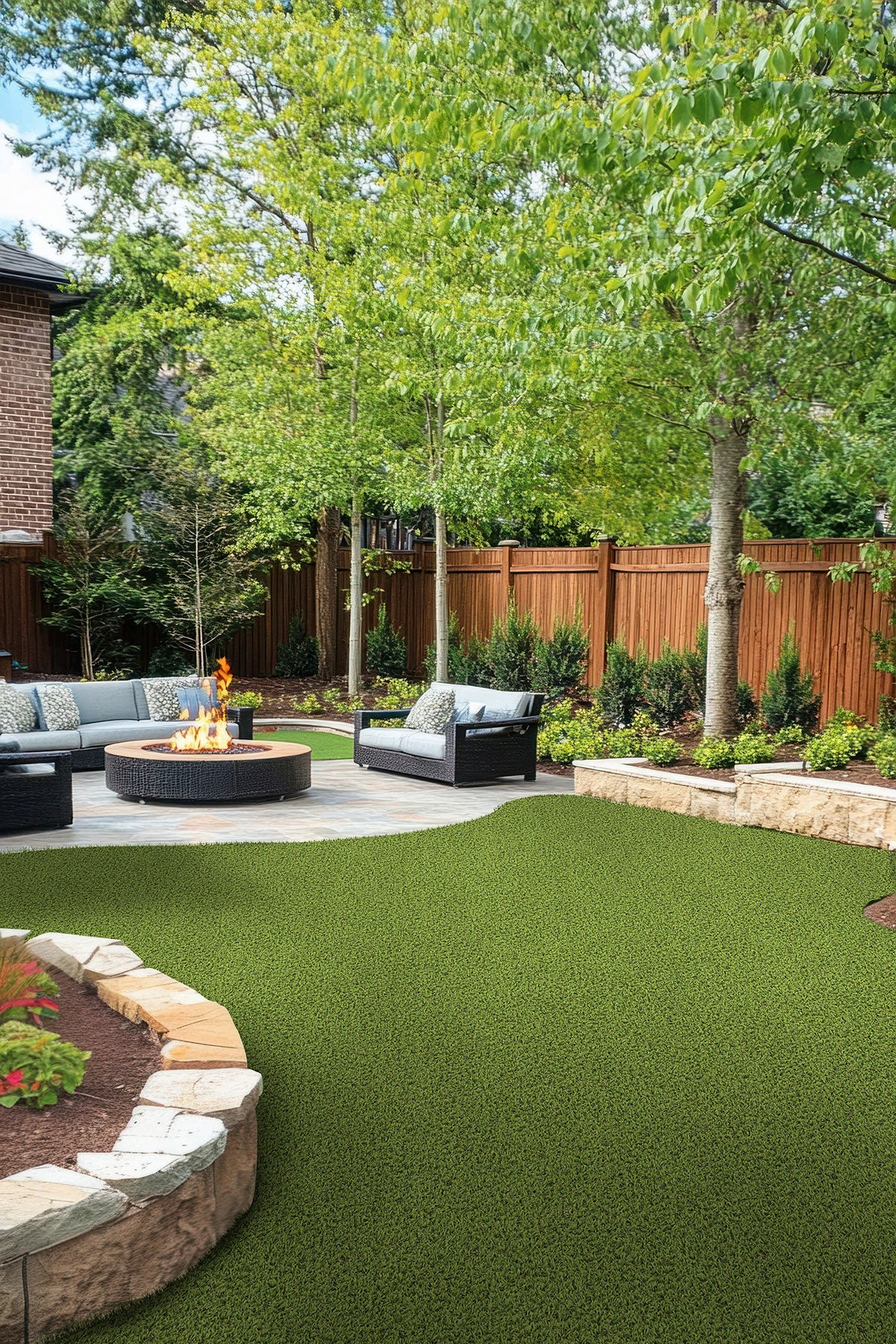 Evergrass Viridian Pet Turf 96 oz, installed in a backyard with patio seating (image: MSI) | SKU LTRFRVIR15X100-30MM96OZ-PET